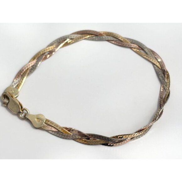 Italian HerringboneYellow Gold, Rose Gold & Silver 925 Vintage Bracelet - 7" - Picture 8 of 10